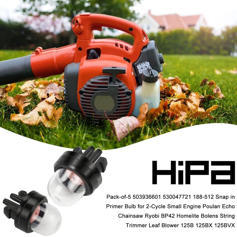 Hipa 188-512-1 Snap in Primer Bulb for 2-Cycle Small Engine Poulan Echo Chainsaw Ryobi BP42 Homelite Bolens String Trimmer Leaf Blower 125B 125BX 125BVX 530047721 503936601 5Pack - Image 2